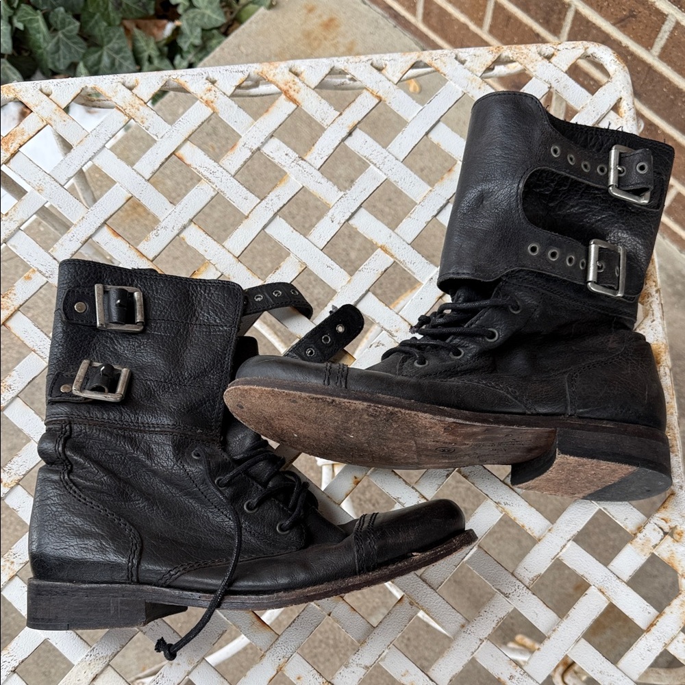 All Saints Black Leather Buckle Boots - Picture 2 of 5